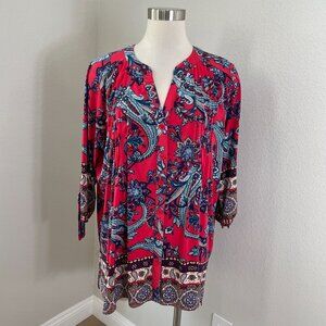 Fig And Flower Womens Plus 2X Paisley Boho Tunic Top Stretch 3/4 Sleeve Shirt